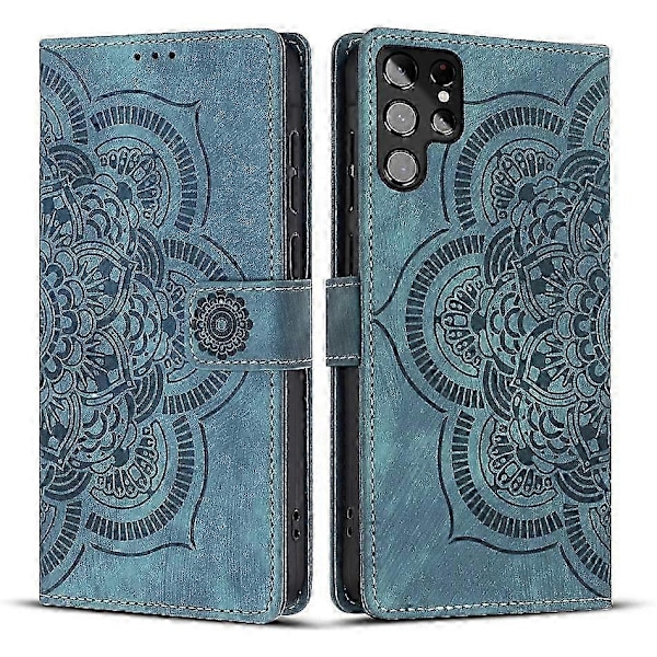 Frosted Læder Etui til Mandala Emed Retro Telefon Blå(FQ) For Samsung Galaxy S22 Ultra 5G Blue