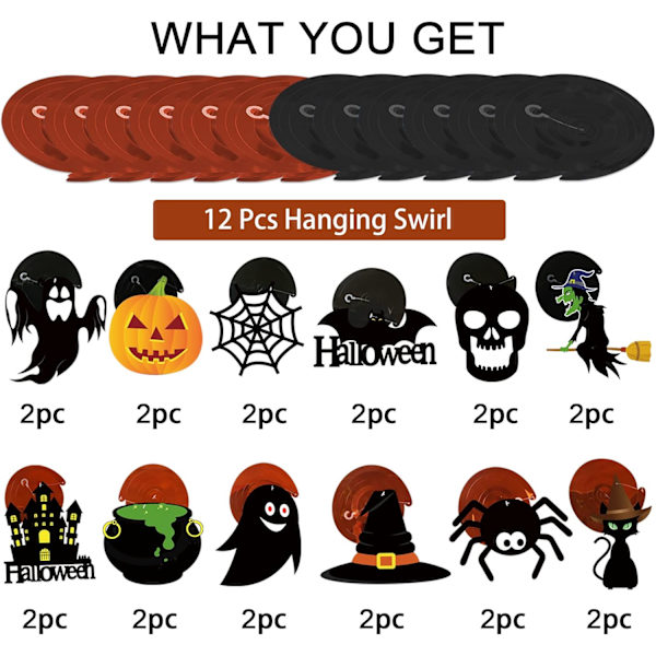 Halloween-koristeet riippuvina pyörteinä - 12 kpl riippuvaa Halloween-kattovirtaa - Suurikokoinen haamu, kurpitsa, noidat pyörteissä