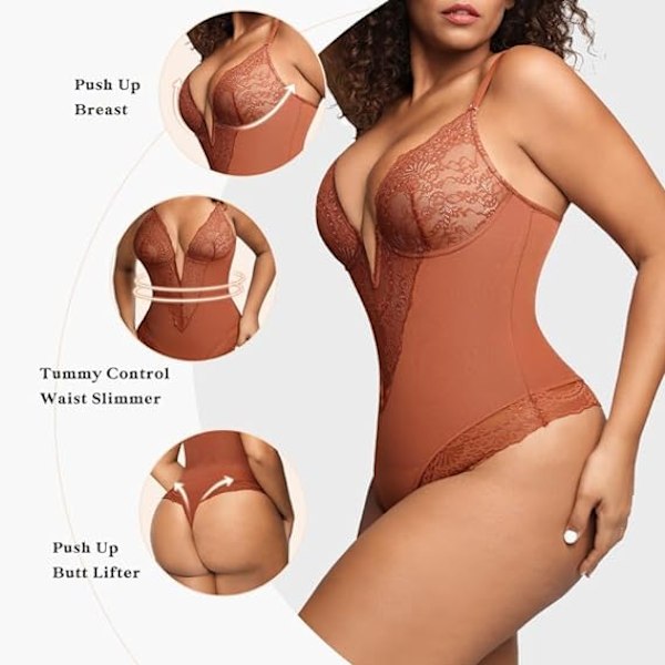 Popilush Lace Shapewear Body Women V Neck Tummy Body Suit Strings Brown Red Brown Red XL
