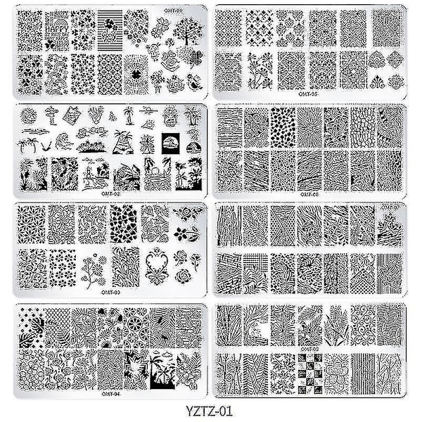 Sett med 10 neglestemplingplater med silikonklar stempel og skrape - med blomster- og geometriske design for neglekunst, manikyrkunst