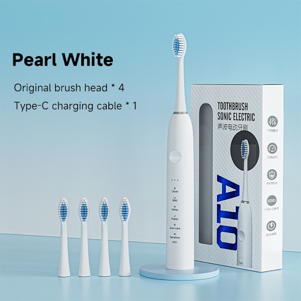 Vedenkestävä kannettava sähköhammasharja 4 harjaspäällä, 18 tilaa (Helmenvalkoinen) Pearl White