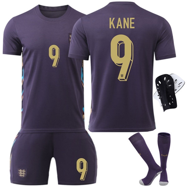 2024 England bortaställ nr 9 Kane 10 Bellingham 7 Foden EM barnfotbollströja set Size 9 socks + protective gear Size S