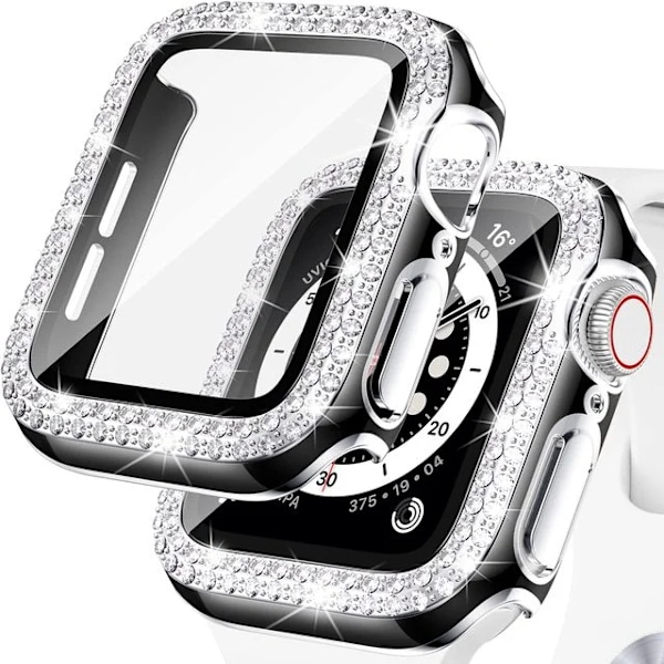 Bling Glass+ deksel for Apple Watch Case 45mm 41mm 40mm 44mm 42mm 38mm Diamant støtfanger+skjermbeskytter iwatch serie 7 9 8 5 6 SE B svart sølv B black silver 38mm Series 321