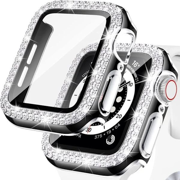 Bling Glass+ -kotelo Apple Watchille 45mm 41mm 40mm 44mm 42mm 38mm Timantti puskuri + näytönsuoja iWatch sarja 7 9 8 5 6 SE B musta hopea B black silver 45mm Series 7 8 9