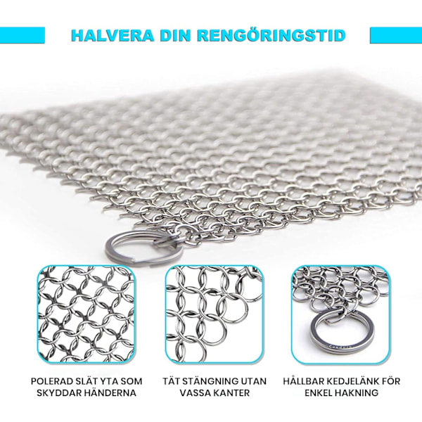 Gjuturautapuhdistus ruostumattomasta teräksestä valmistettu hioja 18 x 18 cm Ketjussa-hioja kaikentyyppisille paistinpannuille, gjuturautapannuille, grilleille ja hollantilaisille uuneille