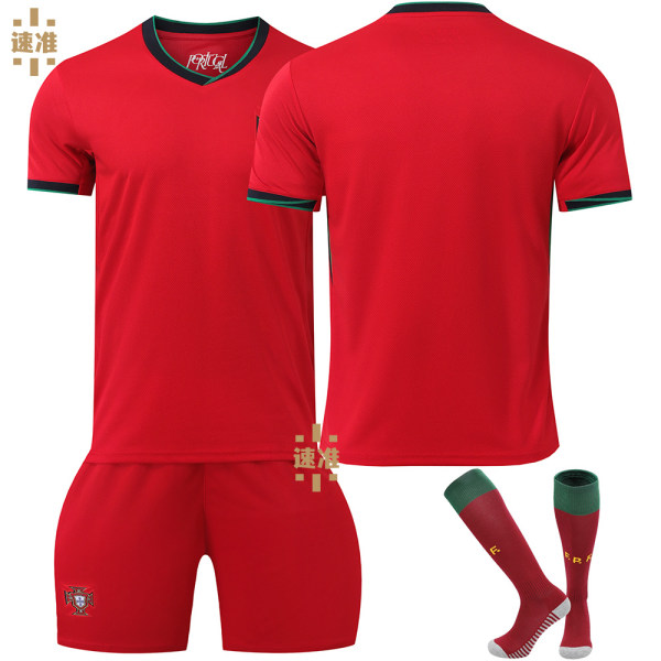 2024 EM Portugal fotbollströja set nr 7 Ronaldo tröja nr 8 B Fee tröja barnens korrekta version set Size 7 socks + protective gear XXXL