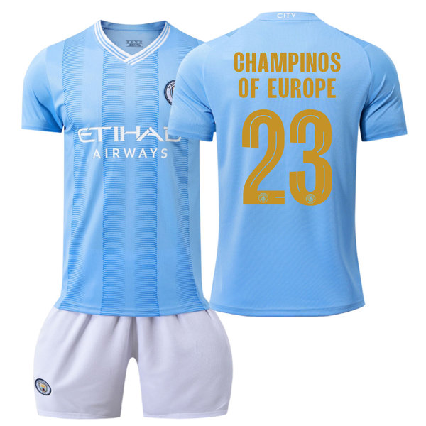 2023-24 Manchester City Championship Commemorative Edition New Font Gold No. 23 CHAMPIONS Set hemma och borta fotbollströja 2324 Home No. 23 XS