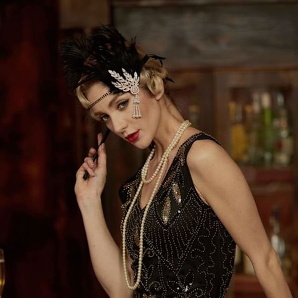 1920-talets klaffhuvudband Art Deco Great Gatsby, huvudbonad inspirerad av bladmedaljong pärlhuvudband för kvinnor och flickor (svart guld)
