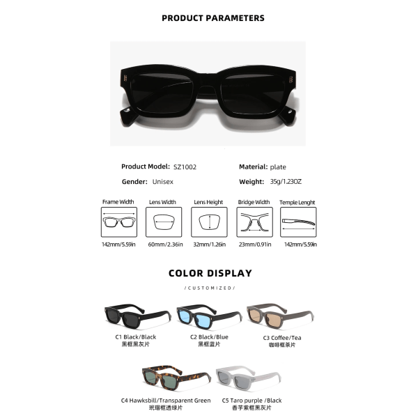 Solglasögon 2024 Kvadratisk Original Design Transparent Grå Ram Nyanser Ris Spikar Anpassad Logotyp Glasögon SZ1002 C1 Black/Black Polygonal