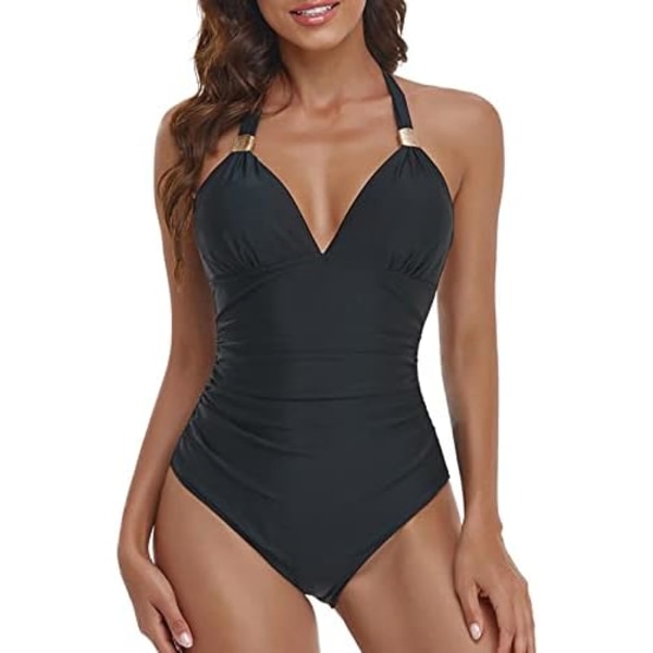 Women's Tummy Control One Piece Swimsuit Slimming Swimwear V Neck Backless Ruffle Bathing Suit (XL Black)