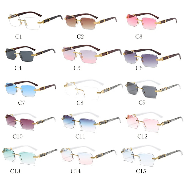 2024 Lyxiga märkesdesigner Diamantslipade Ramlösa Solglasögon Kvinnor Trä Färg Ram Liten Rektangel Män Solglasögon med Anpassad Logotyp C8 2024 New Rimless Sunglasses