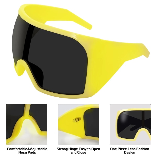 3722 Ylisuuret käärittävät mukautetut logon aurinkolasit naisille ja miehille Futuristiset kaarevat linssit Sävyt Muotisuoja Y2k Aurinkolasit Yellow oversized