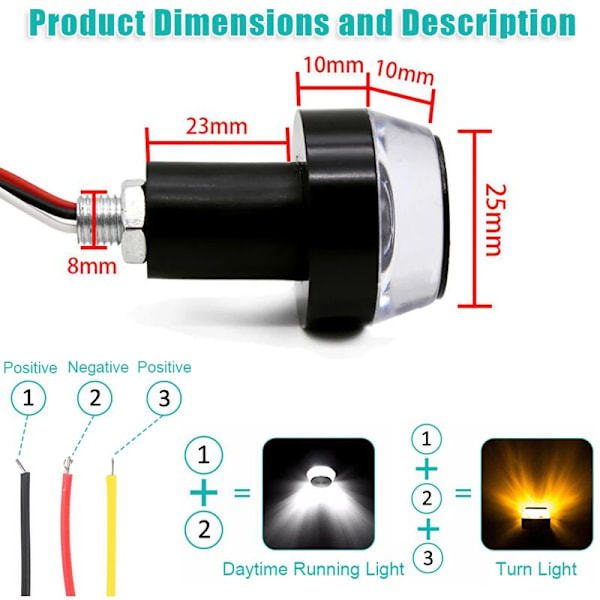 CNC 12V LED-blinklys for motorsykkelstyre, for 22mm styre, blinklys for styre (1 par, gult til hvitt??)