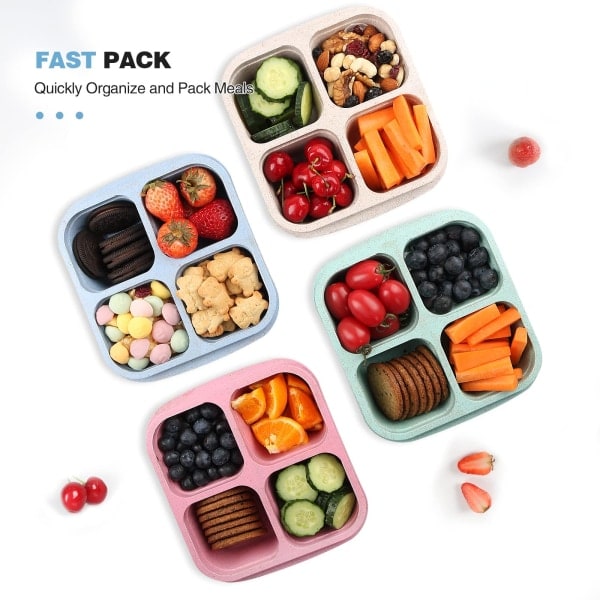 Snackbokse (3 stk.) - 4 rum inddelte stabelbare Bento-bokse til madpakker Genanvendelige lette madkasser til børn og voksne Rosa pink