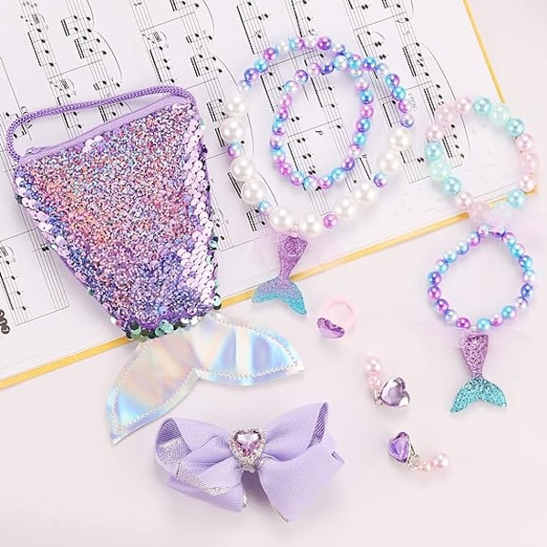 Pieces Barn Smyckesset Nytt Set Sött Tecknat Set Sjöjungfruväska Armband Ring Örhängen Hårklämma Set Partygåva