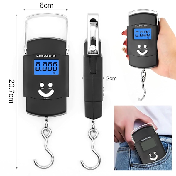 Kannettava vaaka, 110LB/50KG Digitaalinen matkatavavaaka koukulla Kalavaaka Taustavalaistulla LCD-näytöllä Digitaalinen vaaka Live-ostoksille Ulkoiluun