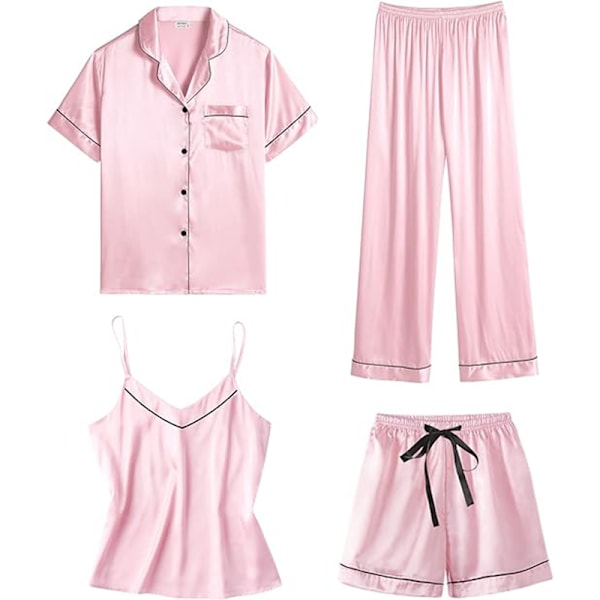 Naisten 4-osainen silkki satiini pyjamasetti, seksikäs yöasu, loungewear, vaaleanpunainen Pink 3XL