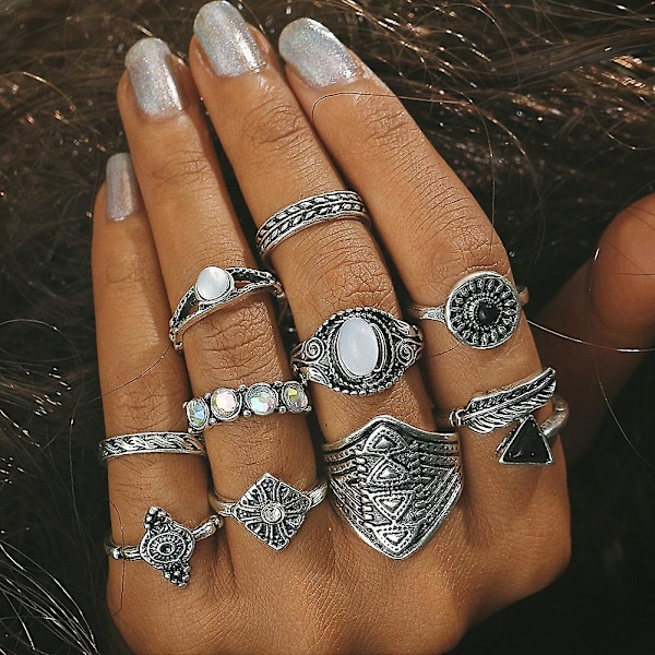 10 st/set Boho Dam Retro Fläkt Pil Båge Snidade Knuckle Midi Staplingsringar Bronze