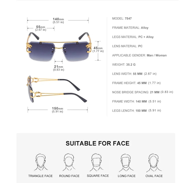 2024 Halvat muodikkaat vintage-leopardipää kaksoissilta tyylikkäät kehyksettömät aurinkolasit UV400-suojalla naisille Gradient Gray N5 Rimless Shades
