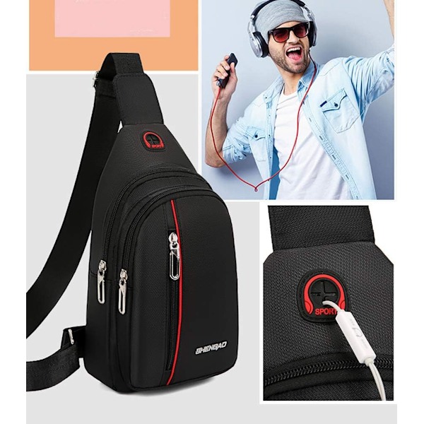 Lille slynge crossbody taske bryst skulder rejsetaske casual daypack slynge taske til mænd kvinder med hovedtelefon hul vandtæt (sort)