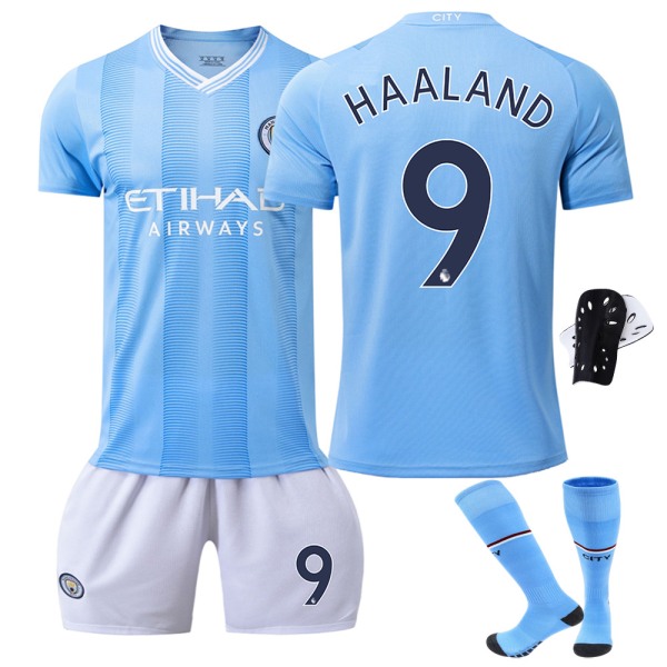 23-24 Manchester City hemmafotbollströja nr 9 Haaland 10 Grealish 17 De Bruyne första upplagan No. 9 + Socks Protector 18 yards