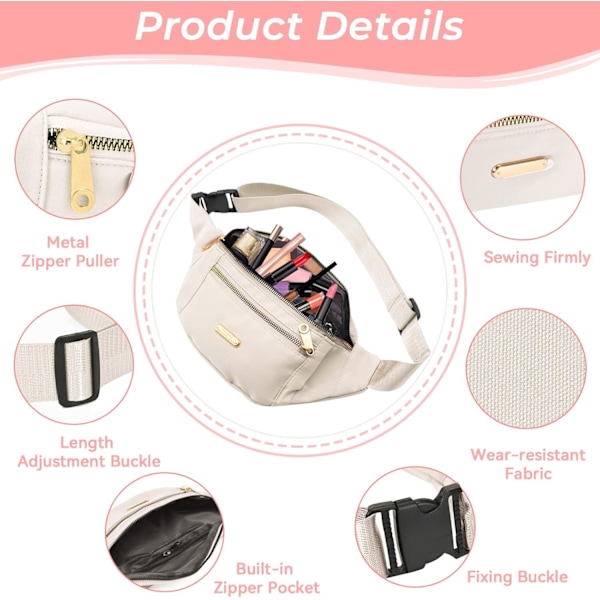 Fanny Pack Fashion Vyötärölaukku Casual Travel Bum Bag 3 Vetoketjutaskulla Naisille Miehille Urheilujuoksu Vaellus Lenkkeily (Beige)