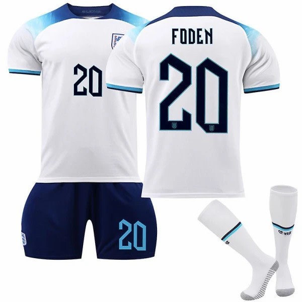 England 2022 VM Hjemmebanetrøje Foden #20 Fodboldtrøje T-shirt Shorts Sæt Fodbold 3-delt Sæt Til Børn Voksne Adult XS（160-165cm）
