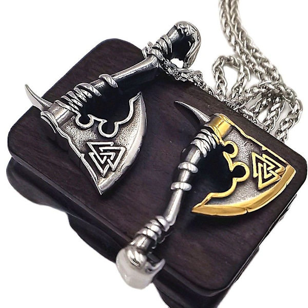 Miesten viikinkien Valknut-amuletti kirvesriipus, pohjoismainen riimukirves, talisman, ruostumattomasta teräksestä valmistettu riipus, kaulakoru gold