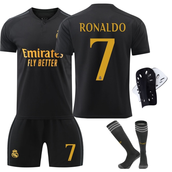23-24 Real Madrid andet ude fodboldtrøje sort nr. 7 Vinicius 1 Courtois 5 Bellingham C Ronaldo No. 7 w/ Socks & Gear L