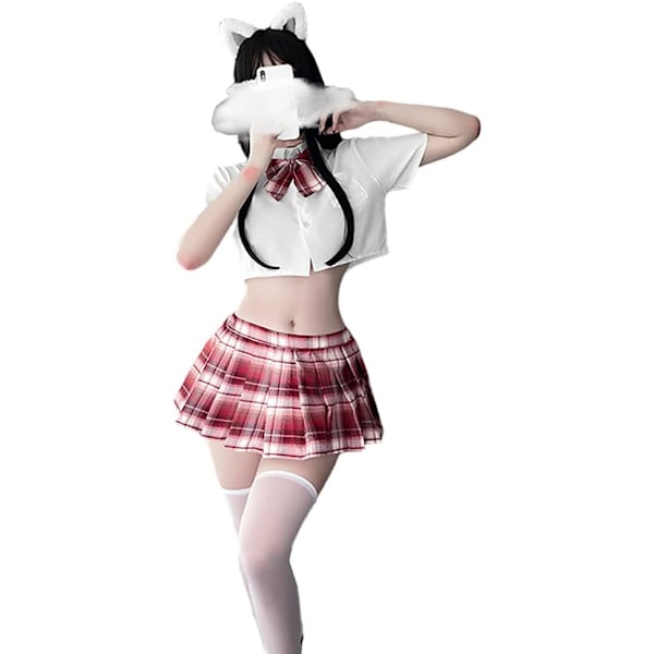 GUYUN Japansk skolejenteuniform Gitter Plissert Skjørt Anime Cosplay Lingerie JK Kostyme Sexy Med Strømper 6914 Hvit Rød