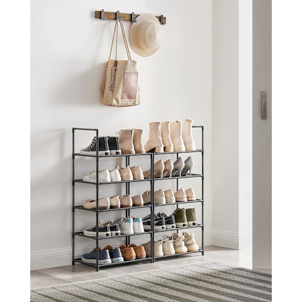 10-trinns skostativ, skostativ, plassbesparende skooppbevaring, 45 x 28 x 173 cm, metallramme, stoffhyller, for hall, soverom, svart