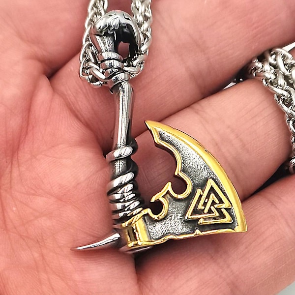 Miesten viikinkien Valknut-amuletti kirvesriipus, pohjoismainen riimukirves, talisman, ruostumattomasta teräksestä valmistettu riipus, kaulakoru gold