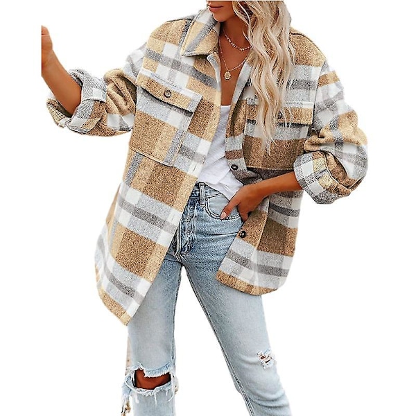 Dame Casual Plaid Langærmet Skjorte, Flannel Shacket Skjortejakker Khaki L