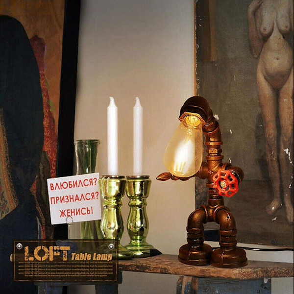 Industrielle robotlamper for gutter - Retro steampunk-lampe - Kul og søt bordlampe - Vannrørlampe for kontor, soverom, stue bB