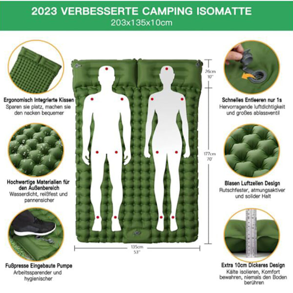 Dobbel sovematte Camping sovematte for 2 personer Ultralett utendørs sovematte med fotpumpe, ekstra tykk oppblåsbar slitesterk(FQ)