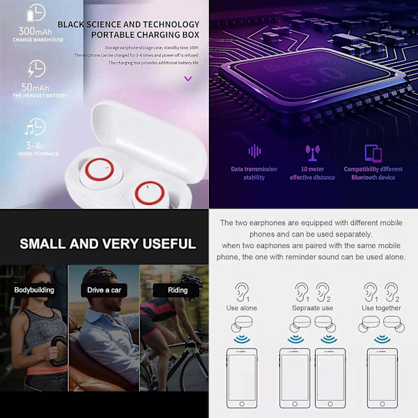 Bluetooth-hodetelefoner for iPhone Android Trådløse hodetelefoner Vanntette White Red