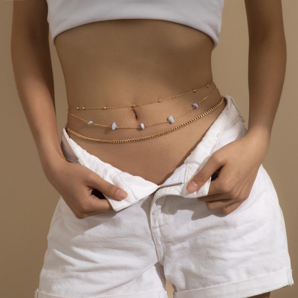 Dam midjekedja Layered Pearl Belly Chain Beach Body Chain, Flerlagers överdriven grus midjekedja (guld)