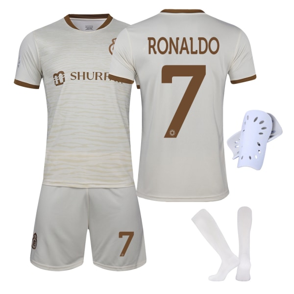 22-23 Riyadh Victory nr 7 Ronaldo fotbollströja set Saudiarabiska ligan vit tröja med nummertryck och strumpor No. 7 + socks white protective gear 28 yards