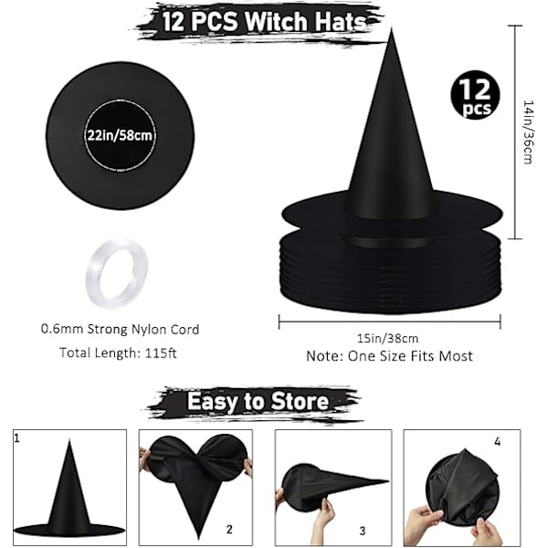 12 kpl Halloween Musta Noitakypärä Kostyymi Asuste Koristeet, Paksuuntunut Riippuva Noitahattujen Paketti Naisille Lapsille Riippuva Köysi Kelluva Veranta