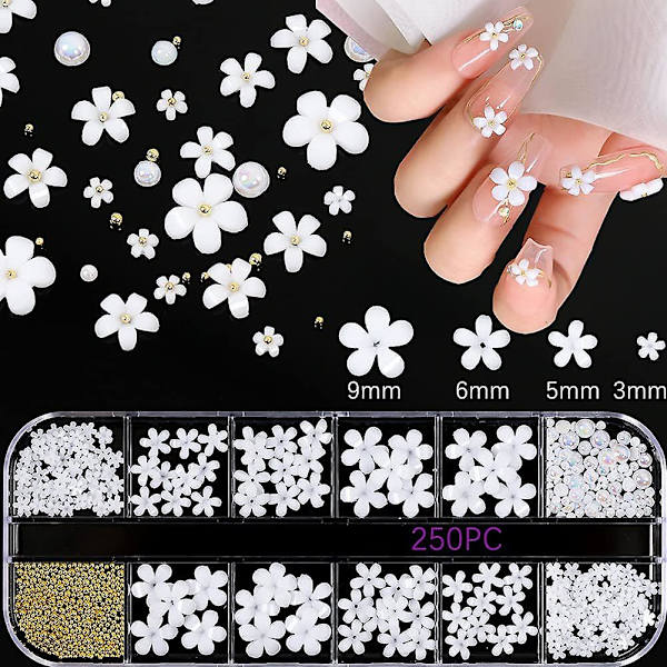 3d Akryl Vita Blommor Spik i Flera Storlekar Kristall Ädelstenar Stenar för Nagelkonst DIY Smycken Tillbehör Hantverk