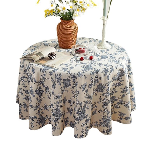 Blommig rund bordsduk i lantlig stil, blå, dammtät, skrynkelfri, linneduk, matsal, picknick, köksbord, dekoration (1 st blå