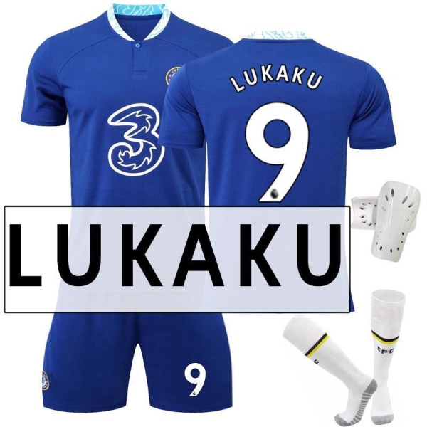 22-23 Chelsea hemma nr 9 Aubameyang 7 Kante 10 Pulisic fotbollsuniform set 19 Mount jersey 9 Lukaku,socks + protective gea #28
