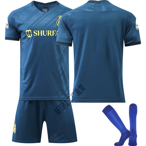 2023-24 Saudi League Riyadh Victory Away Jersey nr. 7 Ronaldo Kortærmet Fodboldtrøje Børnesæt No number + blue socks XS