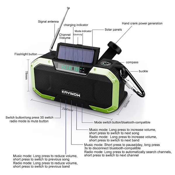 Nödradio Handvev Solcellsladdning 5000mAh Powerbank(FQ) green