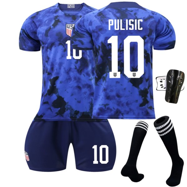 Fotballdrakt for USAs landslag, borte, blå, nr. 10 Pulisic, 8 McKennie, 13 Morris, VM-drakt 22-23 2223 USA away game no number #16