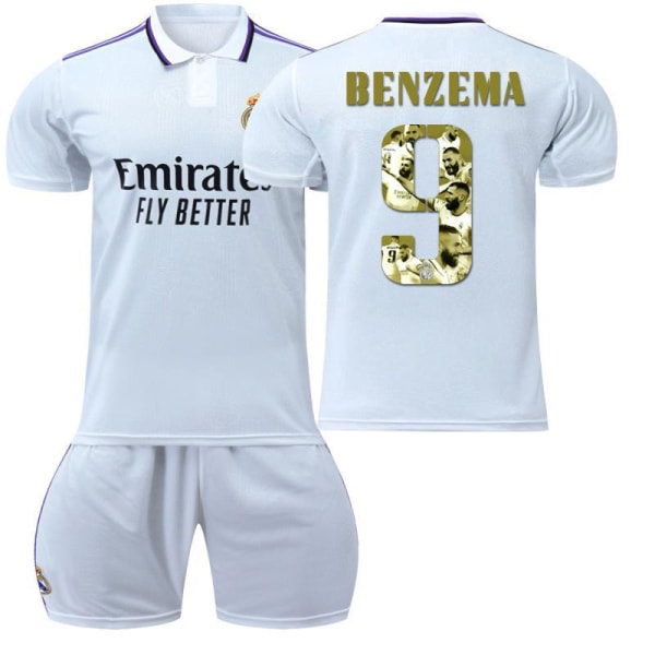 2022 Ballon d'Or-vinnare guld nr 9 Benzema fotbollsuniform set med strumpor hemma och borta specialutgåvan tröja 2223 Home White #S