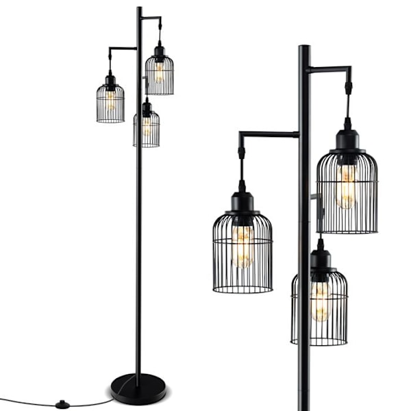 Industriell metallgolvlampa 169CM COSTWAY-3 Burformade lampskärmar-Fotsuttag-E27 60W Glödlampa ingår ej-Skrivbord-Svart