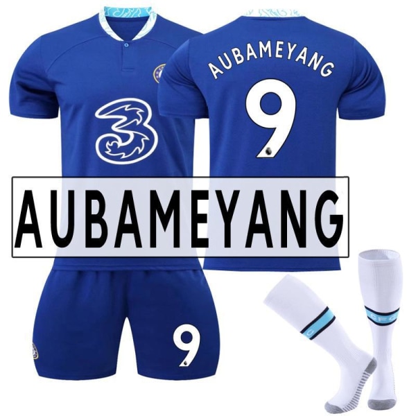 22-23 Chelsea hemma nr 9 Aubameyang 7 Kante 10 Pulisic fotbollsuniform set 19 Mount jersey No. 9 Aubameyang with socks #M