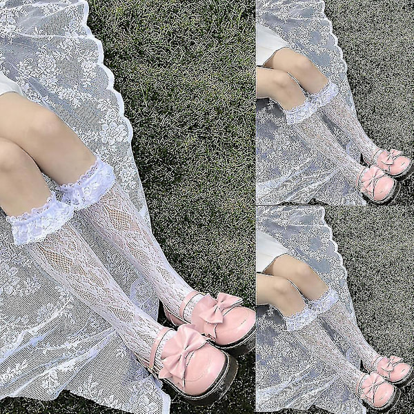 Kvinnors spets volang strumpor prinsessa casual mode knähöga strumpor för flickor-4（Vit）