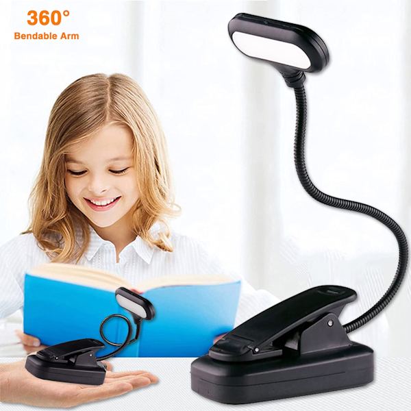 Svart läslampa bok klämma batteri bok lampa klämma lampa klämma batteridriven nattläsning säng kall vit ljusfärg
